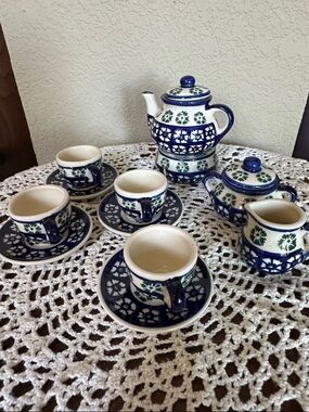 Rare vintage Miniature Polish Pottery Tea Set - 14 pc Cergor Bunzlau Naumburg